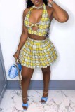 Red Fashion Sexy Plaid Print Hollowed Out Backless Halter Sleeveless Two Pieces