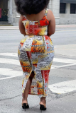 Orange Sexy Print Patchwork Square Collar Pencil Skirt Plus Size Dresses