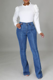 Baby Blue Fashion Casual Patchwork Basic High Waist Straight Jeans
