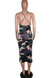 Camouflage Fashion Sexy Leopard print Camouflage serpentine Spaghetti Strap Sleeveless Slip Step Skirt Mid-Calf Print Dresses