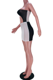 Black White Sexy Solid Mesh One Shoulder Pencil Skirt Dresses