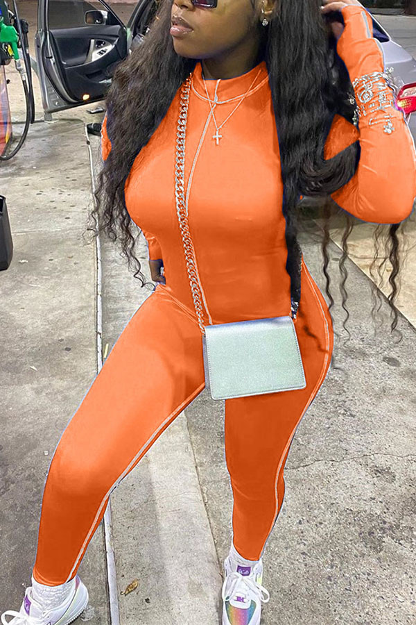 Orange Fashion Casual Adult Solid Patchwork O Neck Skinny Jumpsuits