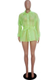 Green cardigan Long Sleeve perspective Solid Mesh Patchwork Long Sleeve Tops