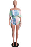 Blue Sexy Fashion Print Ruffled Patchwork Short Sleeve one word collar 
