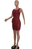 Burgundy Sexy Solid Patchwork V Neck Pencil Skirt Dresses