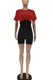 Pink Street Solid Patchwork O Neck Short Sleeve Two Pieces