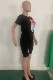 Black venetian Fashion adult Europe and America Ma'am Patchwork Print Two Piece Suits pencil Short Sleeve Two Pieces