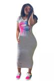 Grey Fashion adult OL Black Grey Cap Sleeve Short Sleeves O neck Asymmetrical Mid-Calf Print Patchwork hole lip Dresses