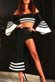 Black And White Sexy Patchwork High Opening Bateau Neck Long Sleeve Two Pieces