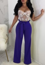 Blue Fashion Solid Flat Wide Leg Pants Midweight Pants