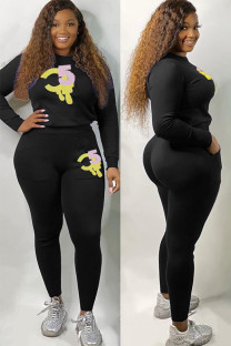 Black Active Solid Two Piece Suits Print Patchwork pencil Long Sleeve