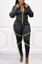 Black Fashion Sportswear Adult Twilled Satin Solid Patchwork Turndown Collar Long Sleeve Regular Sleeve Regular Two Pieces