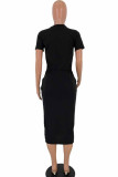 Black Fashion Casual Black Grey Pink Yellow Cap Sleeve Short Sleeves O neck Step Skirt Mid-Calf Print Character Dresses