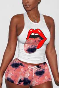 Deep pink Fashion Sexy adult Ma'am O Neck Patchwork Print Two Piece Suits Pattern Plus Size
