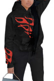 Black Street Print Hooded Collar Tops