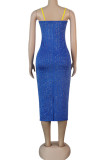 Black Fashion Sexy adult Ma'am Spaghetti Strap Sleeveless Slip Step Skirt Mid-Calf diamonds Dresses