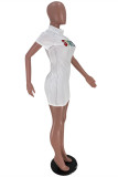 White Fashion Casual Letter Embroidered O Neck Short Sleeve Dress
