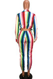 Multi-color Elastic Fly Long Sleeve Mid Patchwork Striped Straight Pants Jumpsuits & Rompers