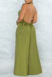 Blue Elegant Solid Patchwork Backless Halter Loose Jumpsuits