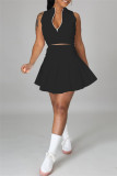 Black Fashion Casual Solid Vests Zipper Collar Sleeveless Two Pieces
