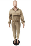 Brown Fashion Casual Solid Basic Zipper Collar Long Sleeve Two Pieces