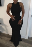 Black Lightly cooked Sleeveless O neck Swagger Floor-Length Solid Dresses