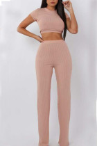 Pink Casual Solid Patchwork O Neck Short Sleeve Two Pieces