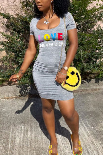Grey Fashion adult Street Grey Green Cap Sleeve Short Sleeves O neck Step Skirt Mini Print Patchwork Character Draped hollow out Dresses