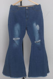 Dark Blue Denim Casual Sexy Fashion Zippered Hole Solid washing Button Zipper 