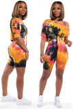 Orange Fashion adult Casual Tie Dye Bandage Print Two Piece Suits Patchwork pencil Half Sleeve