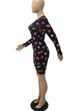 Black Elegant Print Lips Printed Draw String O Neck Pencil Skirt Dresses