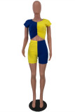 Blue Yellow Fashion Casual Patchwork Basic O Neck Short Sleeve Two Pieces