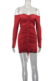 Wine Red Fashion Sexy Europe and America Off The Shoulder Long Sleeves One word collar Sheath skirt Solid Draped Dresses