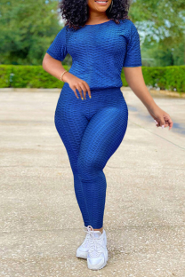Blue Casual Solid Patchwork O Neck Short Sleeve Two Pieces