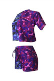 Blue Fashion Casual Camouflage Print Basic O Neck Short Sleeve Two Pieces