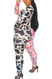 rose red Fashion street Print Long Sleeve O Neck Jumpsuits