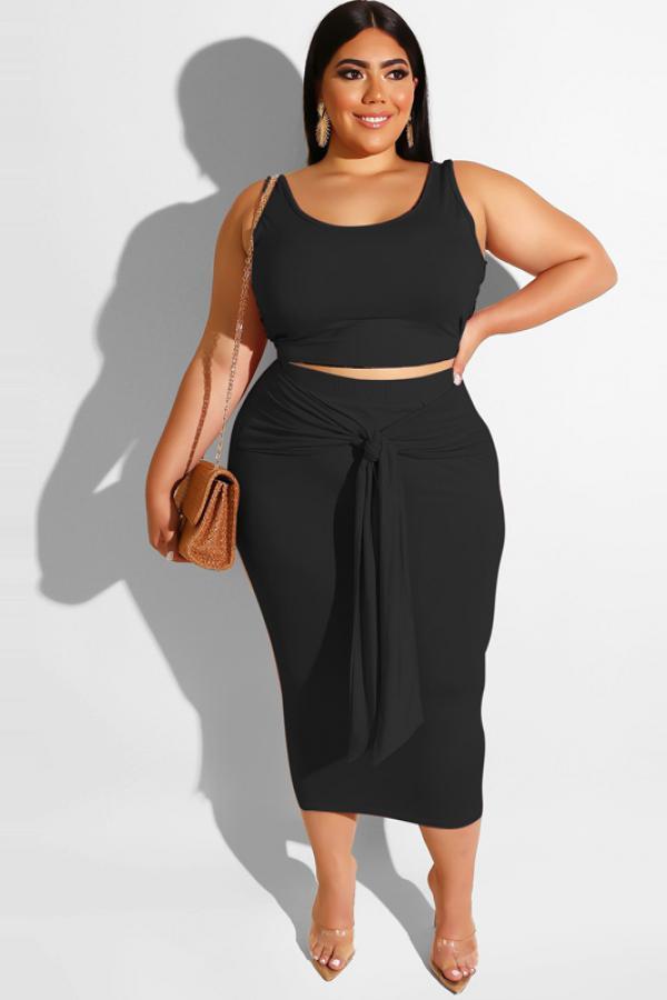 Black Fashion adult Sexy O Neck Bandage Two Piece Suits Solid