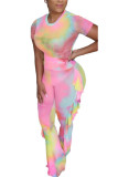 Light Blue Milk Silk Fashion adult Ma'am Street Patchwork Print Two Piece Suits Straight Short Sleeve Two Pieces
