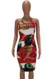 Red Fashion Sexy Spaghetti Strap Sleeveless Slip Asymmetrical Knee-Length Print Club Dresses