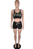 Black Sexy Fashion Patchwork Letter Print Straight Sleeveless Two-Piece Short Set