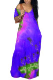 Sky Blue Milk. Fashion adult Ma'am Street Cap Sleeve Short Sleeves V Neck Pencil Dress Floor-Length Tie and dye Dresses
