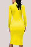 Yellow Fashion Casual Adult Print Patchwork O Neck Long Sleeve Knee Length A Line Dresses