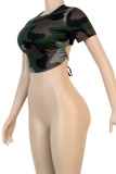 Camouflage Multi-color Camouflage O Neck Short Sleeve Patchwork Print Slim fit backless Camouflage Tie Dye Bandage crop top Tops