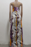 Purple Sexy Print High Opening Spaghetti Strap Straight Dresses