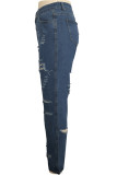 Blue Denim Button Fly Zipper Fly Mid washing Solid Hole Straight Pants 