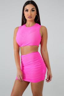 rose red Fashion Sexy Slim fit Two Piece Suits crop top Solid Fluorescent Skinny Sleeveless Two-Pi