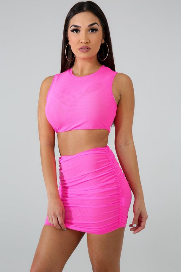 rose red Fashion Sexy Slim fit Two Piece Suits crop top Solid Fluorescent Skinny Sleeveless Two-Pi
