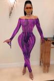 Blue Sexy Fashion adult Patchwork Two Piece Suits Striped Print pencil Long Sleeve