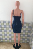 Light Blue Fashion Sexy Dot Backless Spaghetti Strap Denim Dress