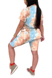 Blue Fashion Casual adult Patchwork Print Tie Dye Two Piece Suits Straight Short Sleeve Two Pieces